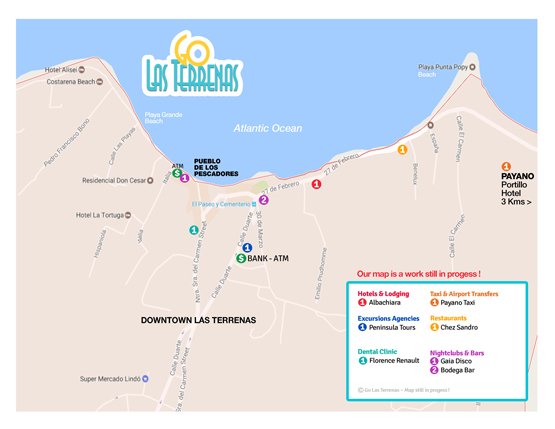 Map of Las Terrenas Town. Find all on this Map of Las Terrenas Dominican Republic.
